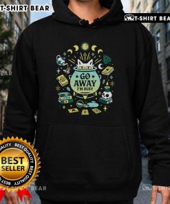 Funny witch cat at work hoodie design with a playful 'Go Away I'm Busy' message, perfect for cat lovers and Halloween fans.