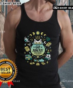 Alt Text: Funny witch cat at work on a tank top saying Go Away, I'm Busy - perfect for cat lovers and Halloween enthusiasts.