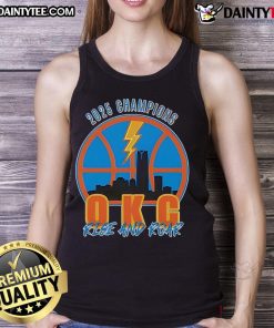Alt Text: Good 2025 Champions OKC Rise and Roar tank top featuring bold graphics and vibrant colors, perfect for fans.