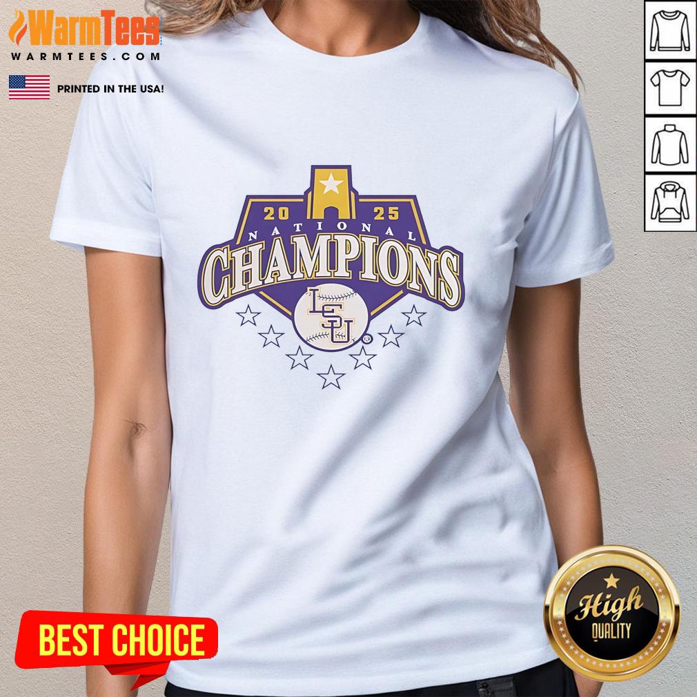 Good 2025 National Champions Lsu Tigers Baseball Logo Ladies Tee Alt Text: LSU Tigers Baseball logo on a ladies tee celebrating the 2025 National Champions.