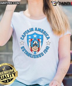 Good Captain America Established 1941 Shield Emblem cartoon design on ladies tee, perfect for superhero fans.