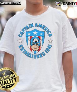 Good Captain America established 1941 shield emblem cartoon T-shirt design featuring iconic superhero graphics.