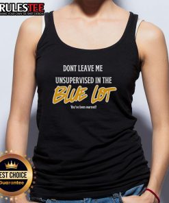 Model wearing a blue 'Don't Leave Me Unsupervised' tank top, showcasing a stylish summer look perfect for casual outings.