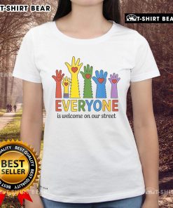 Good Everyone Is Welcome On Our Street LGBT Pride Month Tee with colorful hands, celebrating diversity and inclusivity.