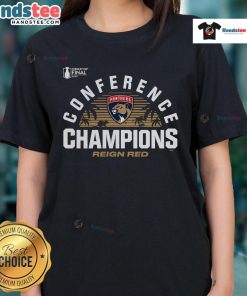 Good Florida Panthers 2025 Eastern Conference Champions local hometown ladies tee featuring vibrant team colors and logo.