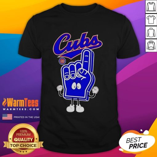 Alt Text: Good Foam Hand Number One Finger Chicago Cubs T-Shirt featuring vibrant team colors and logo for fans.