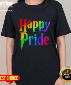 Happy Pride Harry Wizard Ladies Tee featuring vibrant colors and a magical design celebrating LGBTQ+ pride.