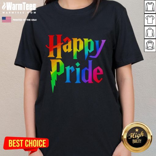Happy Pride Harry Wizard Ladies Tee featuring vibrant colors and a magical design celebrating LGBTQ+ pride.