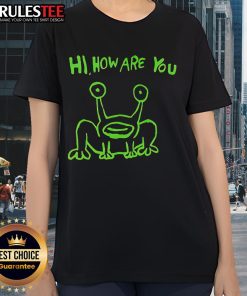 Good Hi How Are You Frog Neon Ladies Tee featuring a vibrant frog design on a stylish women's t-shirt.