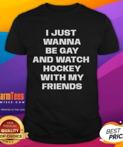 Good I Just Wanna Be Gay And Watch Hockey With My Friend T-Shirt design featuring vibrant colors and a playful slogan.