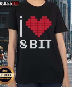 Alt Text: 8-bit retro gamer ladies tee featuring 'Good I Love Heart' design perfect for gaming enthusiasts.