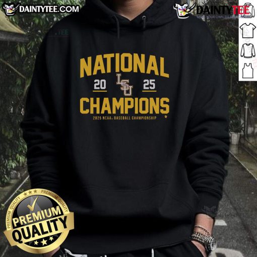 LSU Baseball 2025 NCAA Champions Hoodie featuring team colors and logo, perfect for fans celebrating the victory.