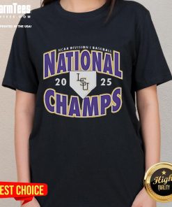 LSU Tigers Nike NCAA Division I Baseball National Champs 2025 Ladies Tee showcasing team pride and stylish design.