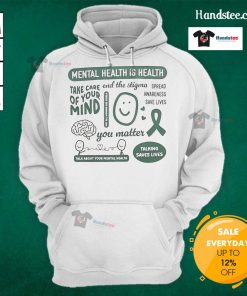 Good Mental Health Month hoodie promoting open discussions about mental health and the slogan 'Talk Saves Lives'.