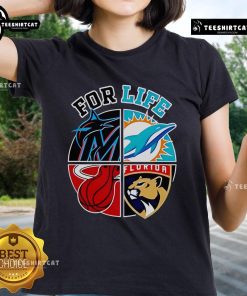 Good Miami Dolphins Marlins Heat and Panthers for Life ladies tee featuring vibrant team logos and stylish design.