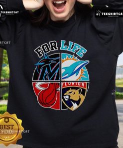 Good Miami Dolphins, Marlins, Heat, and Panthers For Life sweatshirt showcasing team spirit and vibrant colors.