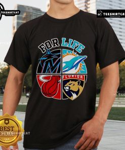 Good Miami Dolphins Marlins Heat and Panthers for Life T-Shirt featuring team logos and vibrant colors for sports fans.