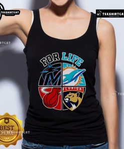 Good Miami Dolphins Marlins Heat and Panthers For Life tank top featuring vibrant team logos and a stylish design.