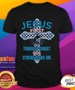 Good Miami Marlins Jesus T-Shirt featuring 'First Through Christ Who Strengthens Me' for fans and believers.