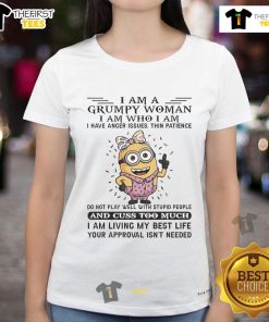 Grumpy woman wearing 'Good Minion I Am Grumpy' ladies tee, showcasing a fun and quirky Minion-inspired design.