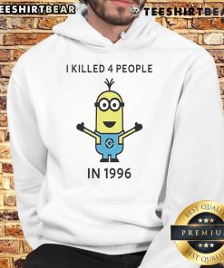 Good Minions I Killed 4 People in 1996 cartoon hoodie featuring colorful minion graphics and bold text design.