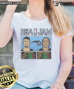 Good NBA Jam Magic Wagner and Banchero ladies tee featuring vibrant graphics of the players in action.