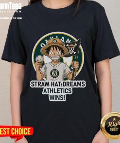 Good Oakland Athletics Monkey D. Luffy Straw Hat Dreams Wins ladies tee featuring vibrant graphics and team spirit.