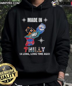 Good Phillies, Eagles, 76ers, Flyers logos in map design on hoodie, celebrating Philadelphia sports heritage.