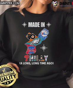 Alt Text: Vintage sweatshirt featuring logos of Phillies, Eagles, 76ers, and Flyers in a map design, celebrating Philly sports history.