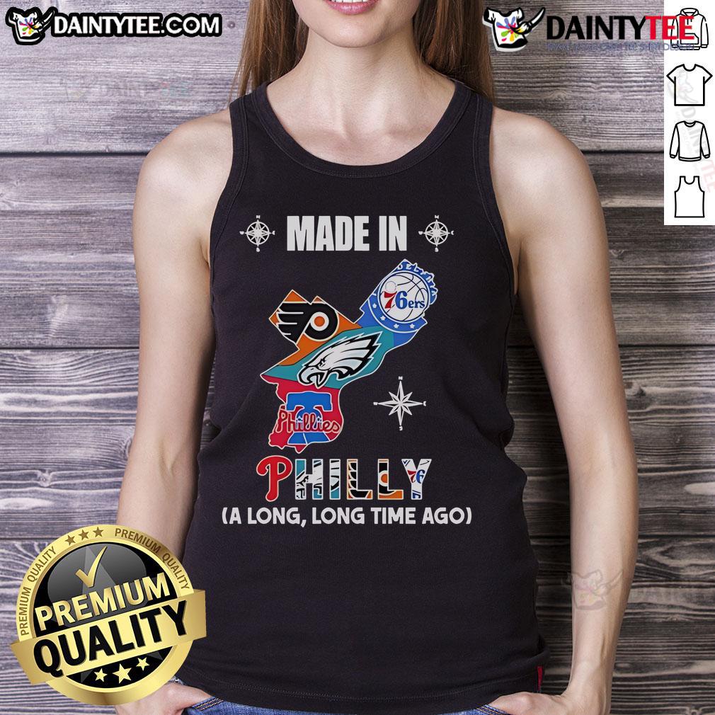 Good Phillies Eagles 76ers Flyers Made In Philly A Long And Long Time Ago Logos In Map Tank Top Tank top featuring vintage logos of Phillies, Eagles, 76ers, and Flyers, celebrating Philadelphia sports heritage.