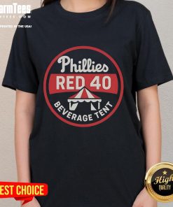 Good Phillies Red 40 Beverage Tent Ladies Tee featuring vibrant color and comfortable fit for fans at games or casual outings.