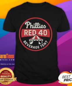 Good Phillies Red 40 Beverage Tent T-Shirt featuring vibrant graphics, perfect for Phillies fans and summer outings.