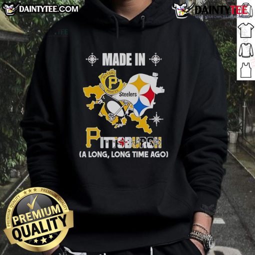 Good Pirates, Steelers, Penguins logos in a map design hoodie, celebrating Pittsburgh's sports heritage.