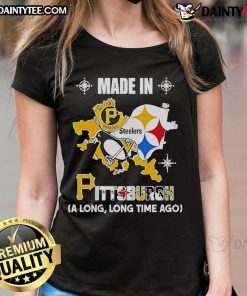 Vintage Pittsburgh sports logos: Pirates, Steelers, Penguins on a ladies tee, celebrating Pittsburgh's rich sports history.