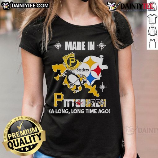 Vintage Pittsburgh sports logos: Pirates, Steelers, Penguins on a ladies tee, celebrating Pittsburgh's rich sports history.