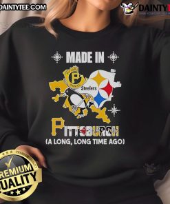 Good Pirates Steelers Penguins sweatshirt featuring vintage logos in a map design, celebrating Pittsburgh sports history.
