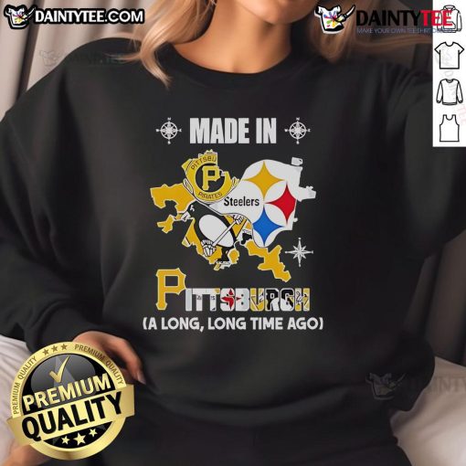 Good Pirates Steelers Penguins sweatshirt featuring vintage logos in a map design, celebrating Pittsburgh sports history.