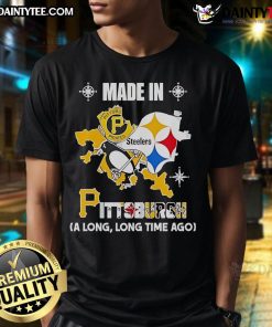Good Pirates Steelers Penguins t-shirt featuring vintage logos in a Pittsburgh map design, made in Pittsburgh.