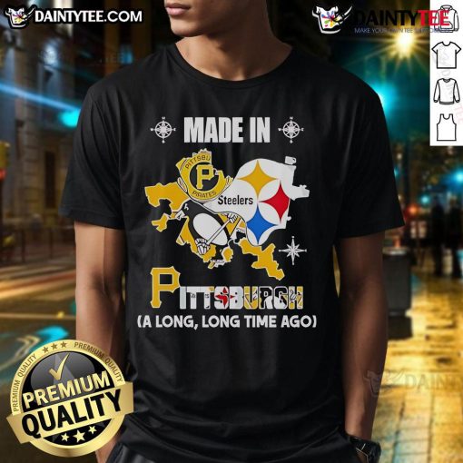 Good Pirates Steelers Penguins t-shirt featuring vintage logos in a Pittsburgh map design, made in Pittsburgh.