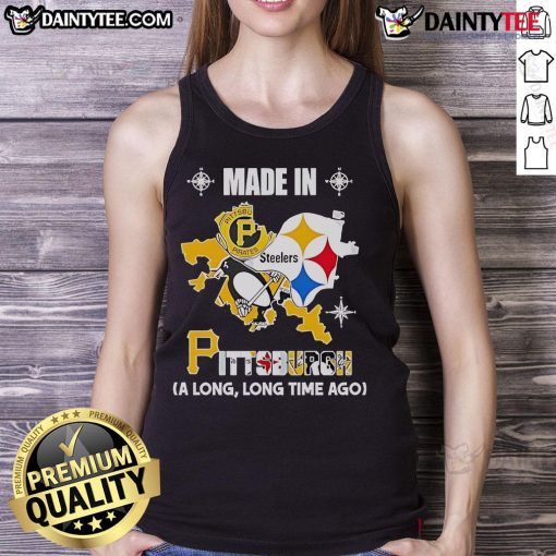 Good Pirates Steelers Penguins logos in a map design on a tank top, showcasing Pittsburgh's sports heritage.
