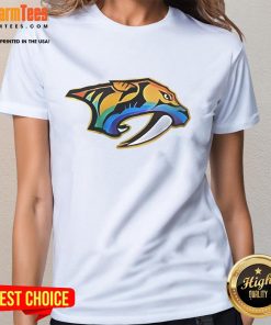Good Roman Josi wearing Nashville Predators Happy Pride Month 2025 logo ladies tee, celebrating inclusivity and pride.