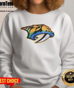 Alt Text: Good Roman Josi proudly wearing a Nashville Predators Happy Pride Month 2025 logo sweatshirt, showcasing team spirit.