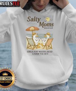 Good Salty Moms Beach Club hoodie featuring a duck reading at the beach, perfect for beach-loving moms.