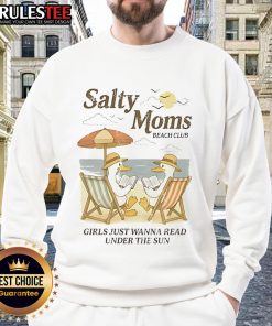 Good Salty Moms Beach Club sweatshirt featuring a duck reading at the beach, perfect for coastal moms' casual style.
