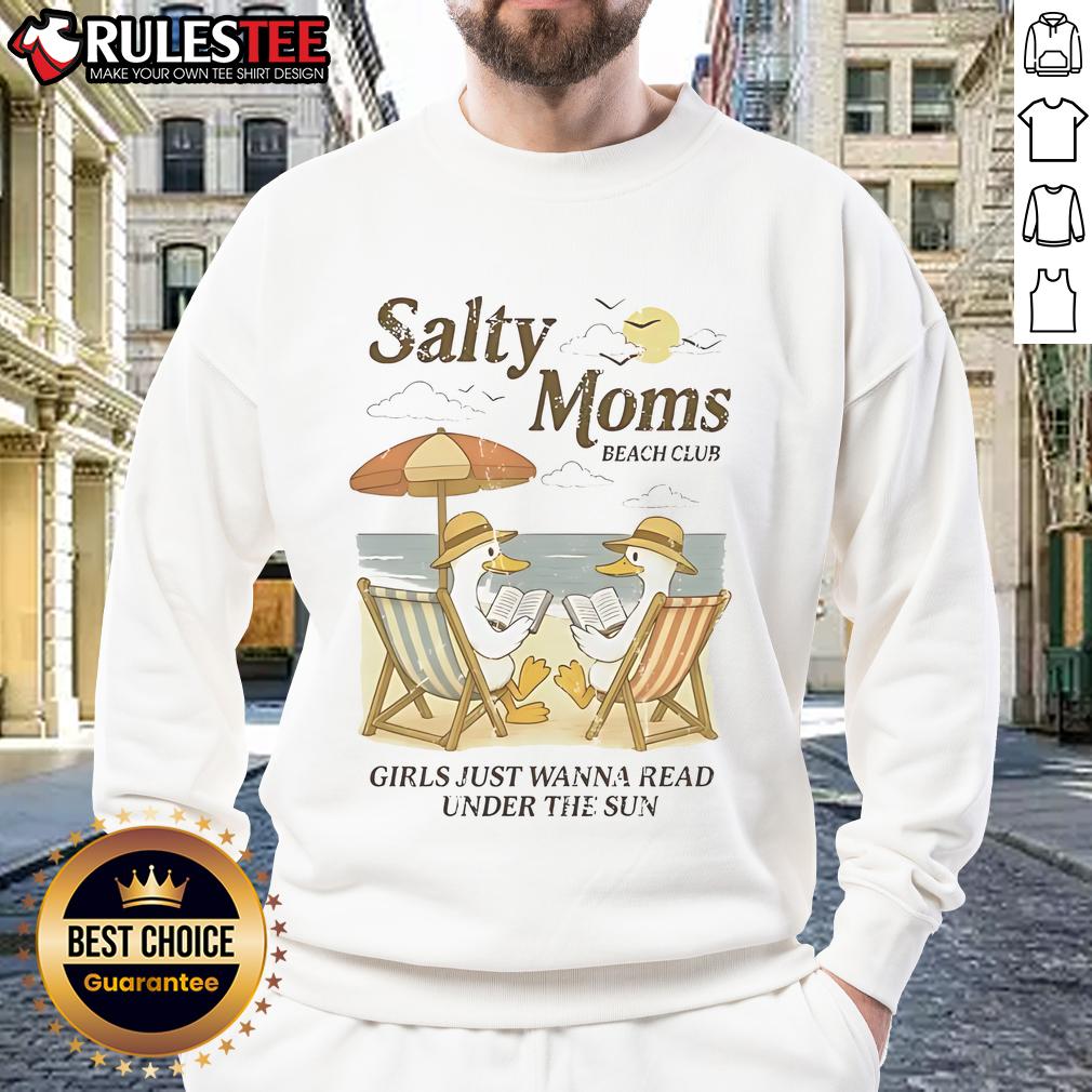 Good Salty Moms Beach Club Duck Reading Beach Sweatshirt Good Salty Moms Beach Club sweatshirt featuring a duck reading at the beach, perfect for coastal moms' casual style.