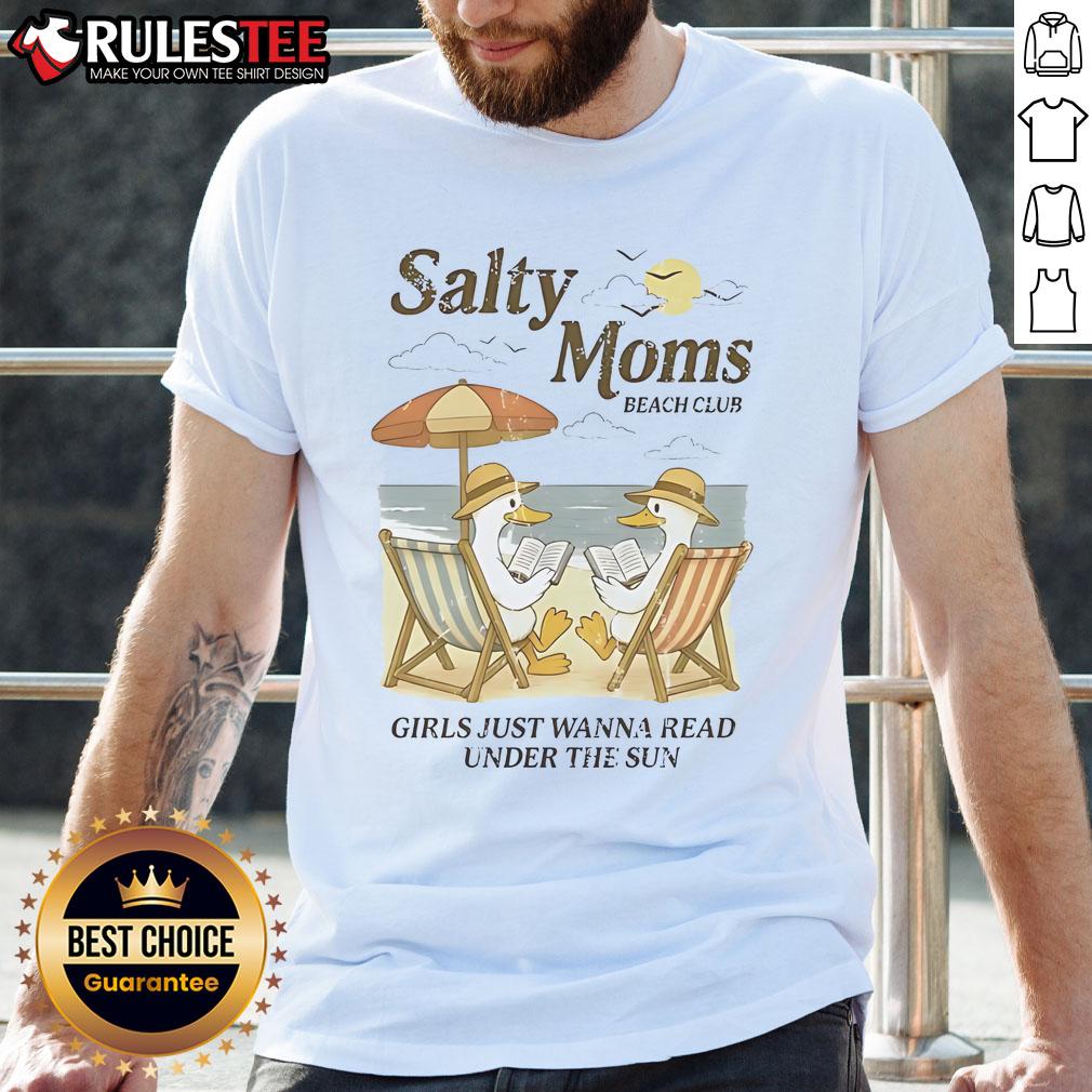 Good Salty Moms Beach Club Duck Reading Beach T Shirt Good Salty Moms Beach Club T-shirt featuring a duck reading at the beach, perfect for beach-loving moms.