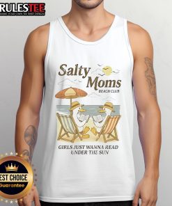 Good Salty Moms Beach Club tank top featuring a duck reading at the beach, perfect for summer fun and family outings.
