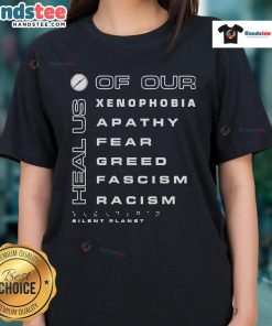 Women's tee featuring 'Good Silent Planet' design, promoting healing from xenophobia, apathy, and greed.