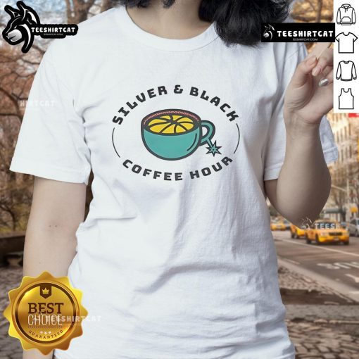 Good Silver and Black Coffee Hour Ladies Tee featuring a stylish design perfect for coffee lovers and casual wear.