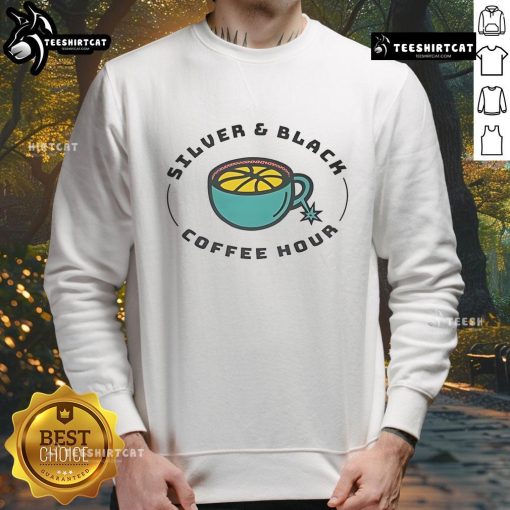 Alt Text: Stylish good silver and black coffee hour sweatshirt featuring a cozy design, perfect for casual outings or lounging at home.
